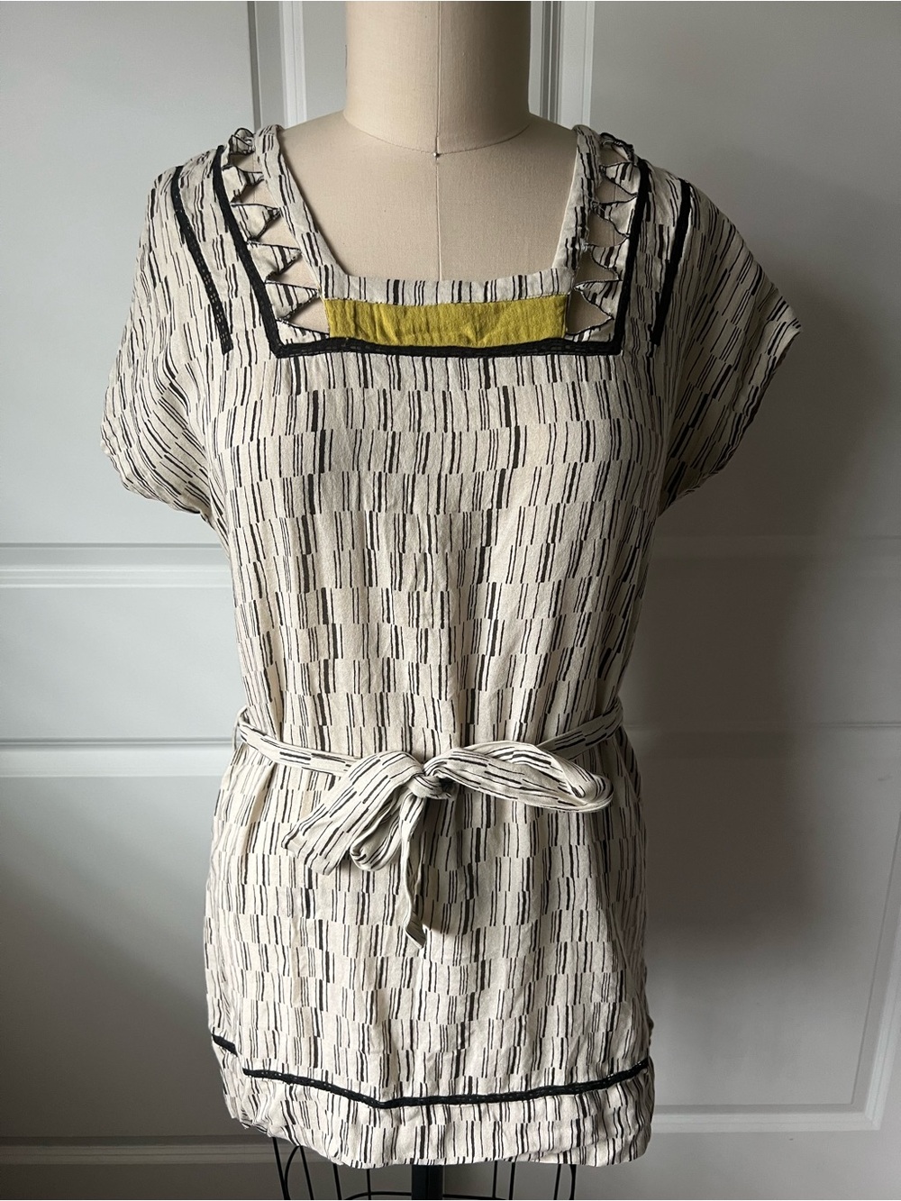Vineet Bahl Woven Square-Neck Belted Tunic in Cream with Olive Accent